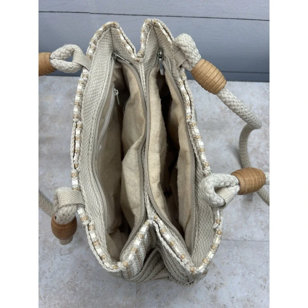 Vintage Handbag White & Brown Straw Woven Purse Rope Handles Made In Italy - Picture 6 of 10